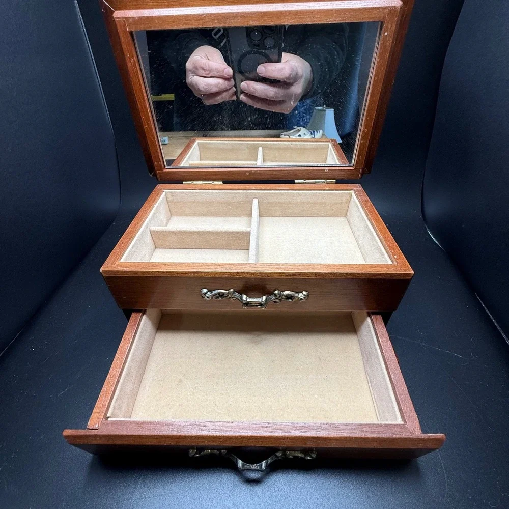Vintage Wooden Jewelry Box Holly Hobbie Style Tile Inlay Mirror Drawer Organizer